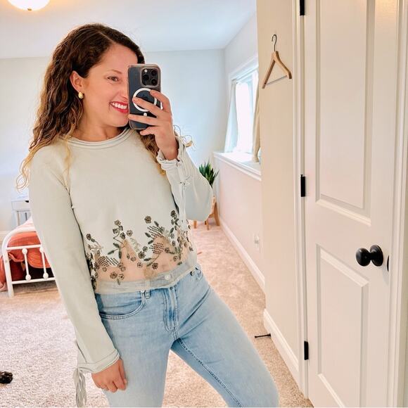 Anthropologie Let Me Be Gray Sweatshirt Beaded Floral Mesh Small - Picture 1 of 12